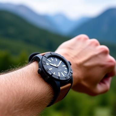 Rugged outdoor watch worn on a man's arm against a blurred background of nature and mountains.