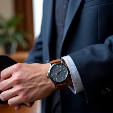 Men's classic watch on a wrist worn with a business suit in an office setting.