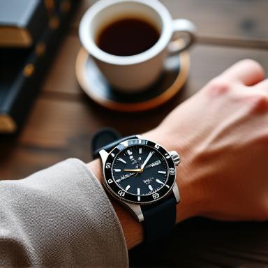 Stylish watch on a man's wrist, casually resting on a coffee cup in a relaxed cafe setting.
