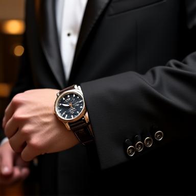 Elegant dress watch peeking from a tuxedo sleeve at a formal event.
